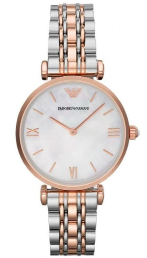 Emporio Armani T Bar Gianni Classic Mother Of Pearl Dial Two Tone Steel Strap Watch For Women - AR1683 Authentic Buy Shop Now