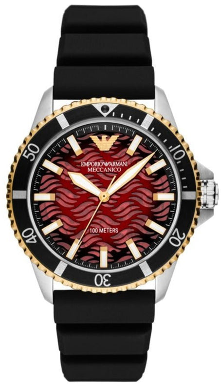 Emporio Armani Meccanico Automatic Red Dial Black Silicon Strap Watch For Men - AR60070 Authentic Buy Shop Now