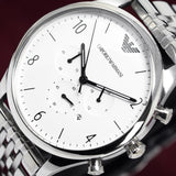 Emporio Armani Classic Chronograph Silver Dial Silver Steel Strap Watch For Men - AR1879 Authentic Buy Shop Now