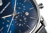 Emporio Armani Chronograph Blue Dial Gun Metallic Mesh Bracelet Watch For Men - AR1979 Authentic Buy Shop Now