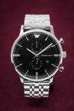 Emporio Armani Chronograph Black Dial Silver Steel Strap Watch For Men - AR0389 Authentic Buy Shop Now