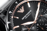 Emporio Armani Mario Ceramic Chronograph Black Dial Black Steel Strap Watch For Men - AR70002 Authentic Buy Shop Now