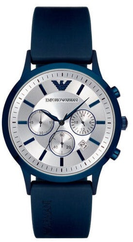 Emporio Armani Renato Chronograph Silver Dial Blue Silicone Strap Watch For Men - AR11026 Authentic Buy Shop Now