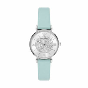 Emporio Armani Gianni T Bar Analog Crystals Silver Dial Blue Leather Strap Watch For Women - AR11443 Authentic Buy Shop Now