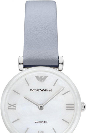 Emporio Armani Gianni T-Bar Mother Of Pearl White Dial Grey Leather Strap Watch For Women - AR11039 Authentic Buy Shop Now