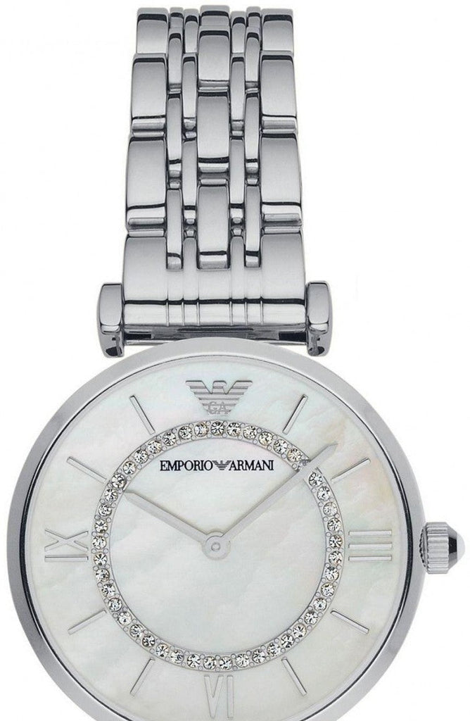 Emporio Armani Gianni T-Bar Mother of Pearl Dial Silver Stainless Steel Watch For Women - AR1908 Authentic Buy Shop Now