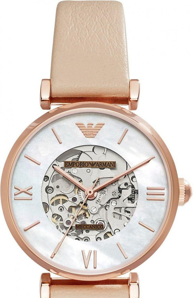 Emporio Armani Meccanico Silver Skeleton Dial Beige Leather Strap Watch For Women - AR60001 Authentic Buy Shop Now