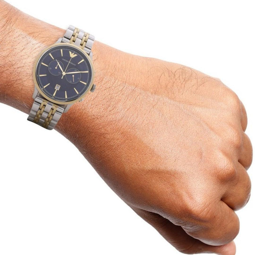 Emporio Armani Classic Blue Dial Two Tone Steel Strap Watch For Men - AR1847 Authentic Buy Shop Now