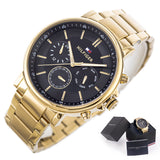 Tommy Hilfiger Tyson Chronograph Black Dial Gold Steel Strap Watch For Men - 1710589 Authentic Buy Shop Now