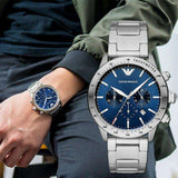 Emporio Armani Mario Chronograph Blue Dial Silver Steel Strap Watch For Men - AR11306 Authentic Buy Shop Now