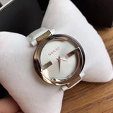 Gucci Interlocking 18K Gold Silver Dial White Leather Strap Watch For Women - YA133303 Authentic Buy Shop Now