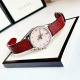 Gucci G Timeless Quartz Diamonds Pink Dial Red Leather Strap Watch For Women - YA1265017 Authentic Buy Shop Now