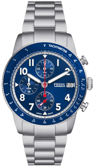 Fossil Sport Tourer Chronograph Blue Dial Silver Steel Strap Watch for Men - FS6047 Authentic Buy Shop Now