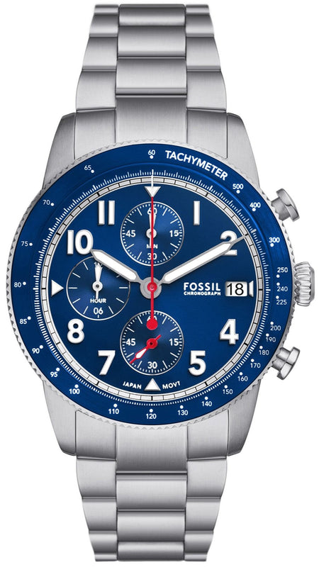 Fossil Sport Tourer Chronograph Blue Dial Silver Steel Strap Watch for Men - FS6047 Authentic Buy Shop Now