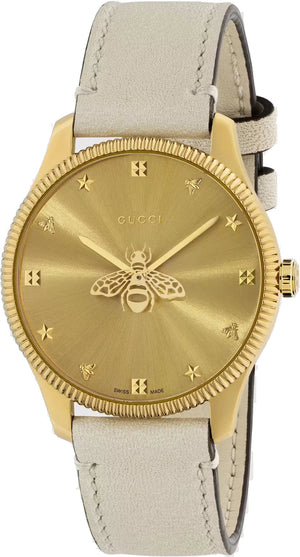 Gucci G Timeless Quartz Gold Dial Beige Leather Strap Watch For Women - YA1264180 Authentic Buy Shop Now