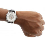 Emporio Armani Meccanico Silver Skeleton Dial Black Leather Watch For Men - AR1997 Authentic Buy Shop Now