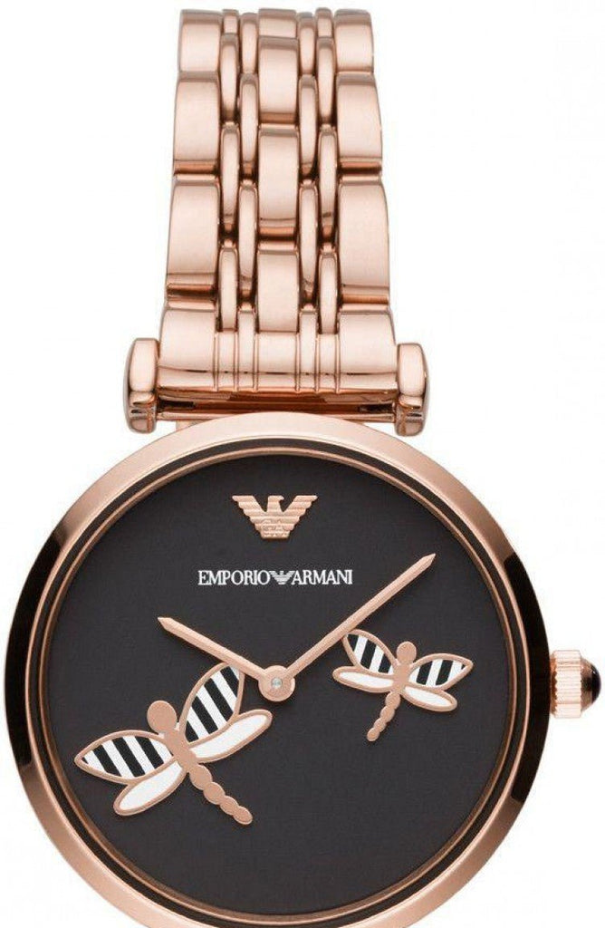 Emporio Armani Gianni T Bar Black Dial Rose Gold Steel Strap Watch For Women - AR11206 Authentic Buy Shop Now