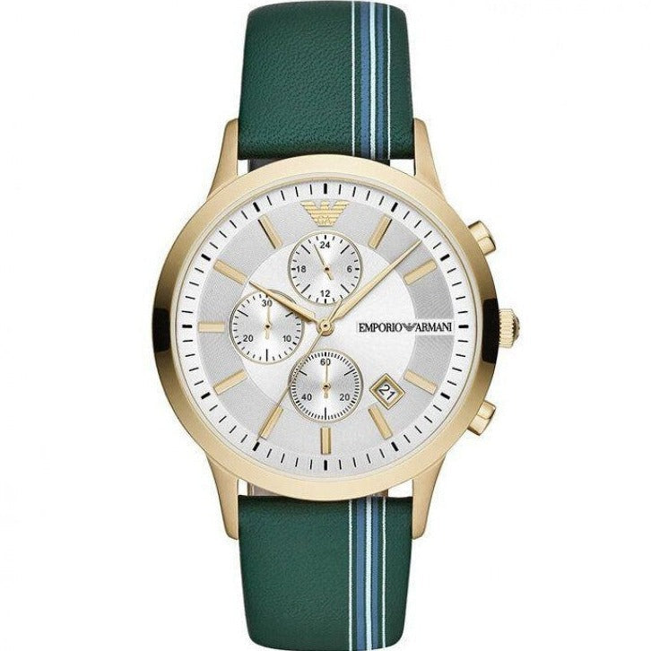 Emporio Armani Renato Chronograph Silver Dial Green Leather Strap Watch For Men - AR11233 Authentic Buy Shop Now