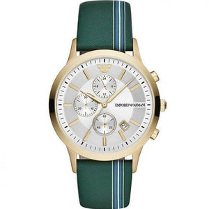 Emporio Armani Renato Chronograph Silver Dial Green Leather Strap Watch For Men - AR11233 Authentic Buy Shop Now