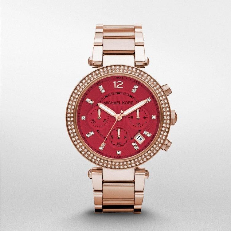 Michael Kors Parker Chronograph Red Dial Rose Gold Steel Strap Watch For Women - MK6106 Authentic Buy Shop Now