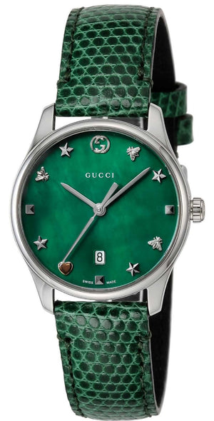 Gucci G-Timeless Green Mother of Pearl Dial Green Leather Strap Watch For Women - YA126585 Authentic Buy Shop Now