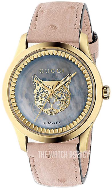 Gucci G Timeless Skeleton 16K Gold Mother of Pearl Dial Pink Leather Strap Watch For Women - YA1264110 Authentic Buy Shop Now