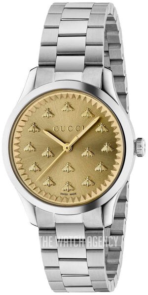 Gucci G Timeless Quartz Gold Dial Silver Steel Strap Watch for Women - YA1265035 Authentic Buy Shop Now