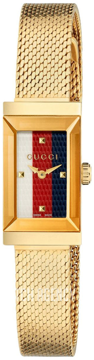 Gucci G Frame Quartz Diamonds White Red Blue Dial Gold Mesh Bracelet Watch For Women - YA147511 Authentic Buy Shop Now