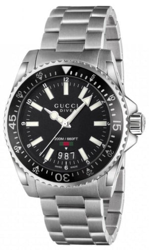 Gucci Dive Quartz Black Dial Silver Steel Strap Watch For Men - YA136301A Authentic Buy Shop Now