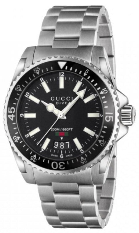 Gucci Dive Quartz Black Dial Silver Steel Strap Watch For Men - YA136301A Authentic Buy Shop Now