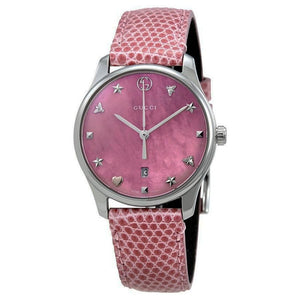 Gucci G-Timeless Pink Mother of Pearl Dial Pink Leather Strap Watch For Women - YA126586 Authentic Buy Shop Now