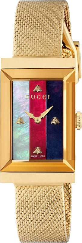 Gucci G-Frame Mother of Pearl Dial Yellow Gold Mesh Bracelet Watch For Women - YA147410 Authentic Buy Shop Now
