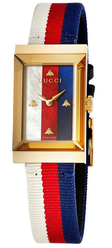 Gucci G-Frame Mother of Pearl Dial White Blue Red Nylon Strap Watch For Women - YA147405 Authentic Buy Shop Now