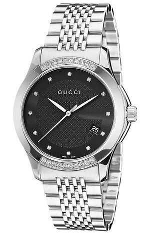Gucci G Timeless Diamonds Black Dial Silver Steel Strap Watch For Women - YA126408 Authentic Buy Shop Now