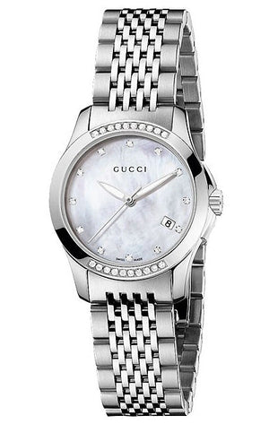 Gucci G Timeless Diamonds Mother of Pearl Dial Silver Steel Strap Watch For Women - YA126510 Authentic Buy Shop Now