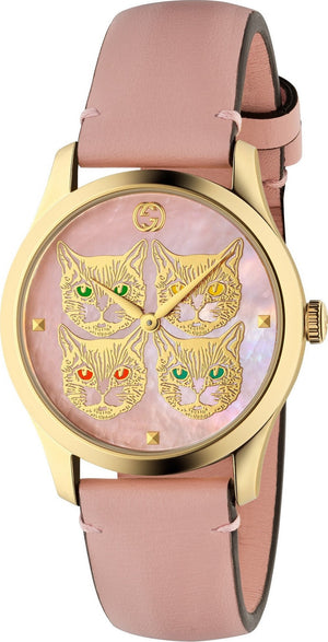 Gucci G Timeless Quartz Mother of Pearl Dial Pink Leather Strap Watch For Women - YA1264132 Authentic Buy Shop Now