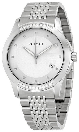 Gucci G Timeless Diamonds Silver Dial Silver Steel Strap Watch For Men - YA126407 Authentic Buy Shop Now