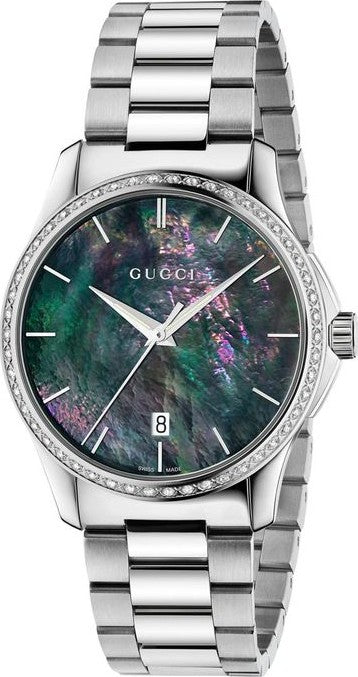 Gucci G Timeless Diamonds Mother of Pearl Blue Dial Silver Steel Strap Unisex Watch - YA126458 Authentic Buy Shop Now