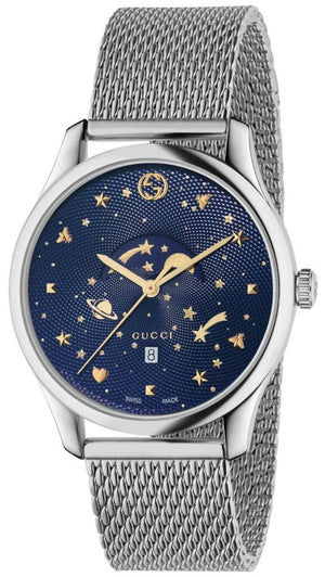Gucci G-Timeless Motifs Moon Phase Blue Dial Silver Mesh Bracelet Watch For Men - YA126328 Authentic Buy Shop Now
