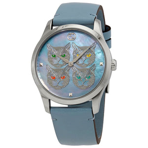 Gucci G Timeless Quartz Mother of Pearl Dial Blue Leather Strap Watch For Women - YA1264124 Authentic Buy Shop Now