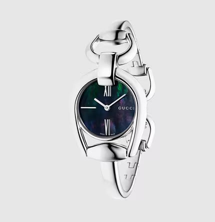 Gucci Horsebit Collection Mother of Pearl Black Dial Silver Steel Strap Watch For Women - YA139503 Authentic Buy Shop Now