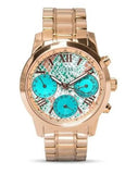 Guess Mini Sunrise Multi Function Analog Turquoise Dial Rose Gold Steel Strap Watch For Women - W0448L8 Authentic Buy Shop Now