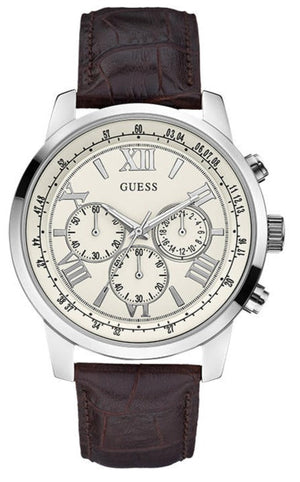 Guess Horizon Chronograph White Dial Brown Leather Strap Watch For Men - W0380G2 Authentic Buy Shop Now