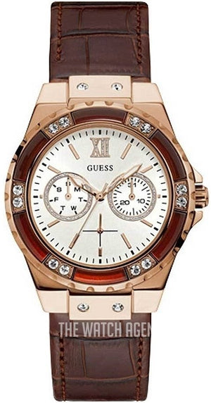 Guess Limelight Analog White Dial Brown Leather Strap Watch For Women - W0775l14 Authentic Buy Shop Now