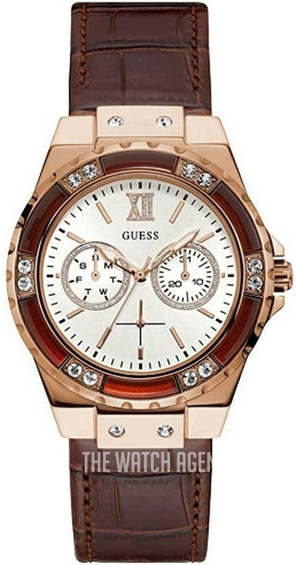 Guess Limelight Analog White Dial Brown Leather Strap Watch For Women - W0775l14 Authentic Buy Shop Now