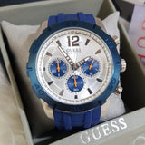 Guess Caliber Chronograph White Dial Blue Rubber Strap Watch for Men - W0864G6 Authentic Buy Shop Now