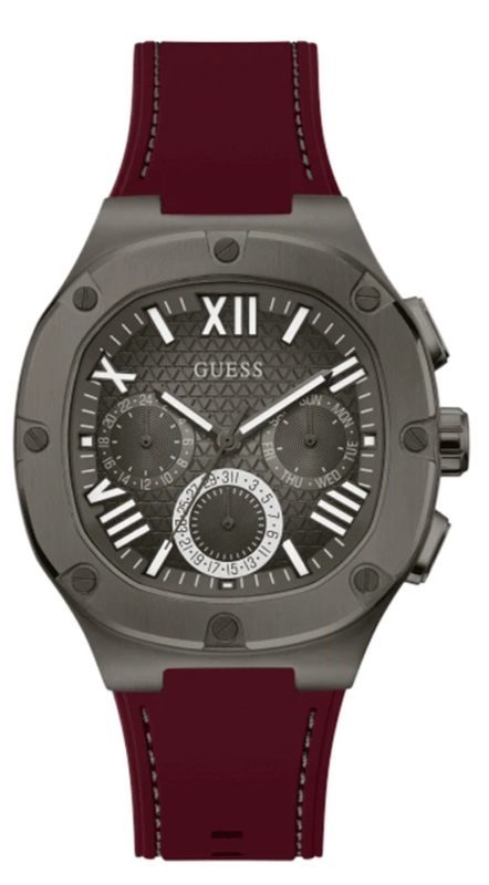 Guess Headline Multifunction Grey Dial Burgundy Silicone Strap Watch For Men - GW0571G4 Authentic Buy Shop Now