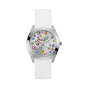 Guess Wanderlust Crystals Silver Dial White Rubber Strap Watch For Women - W1059L3 Authentic Buy Shop Now