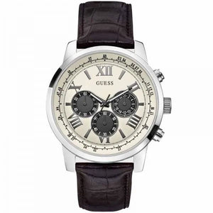 Guess Chronograph Quartz White Dial Brown Leather Strap Watch For Men - W0380G1 Authentic Buy Shop Now