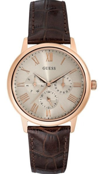 Guess Wafer Quartz Beige Dial Brown Leather Strap Watch For Men - W0496G1 Authentic Buy Shop Now